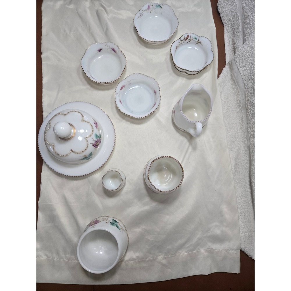 Vintage Milk Glass Floral Tea Vanity Set Gold Beaded Trim Purple Flowers 9pc